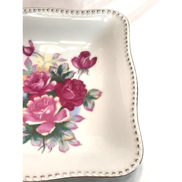 Vintage 8.5” square bowl, pink roses floral design, golden gilt trim, made in Ja - Picture 5 of 7